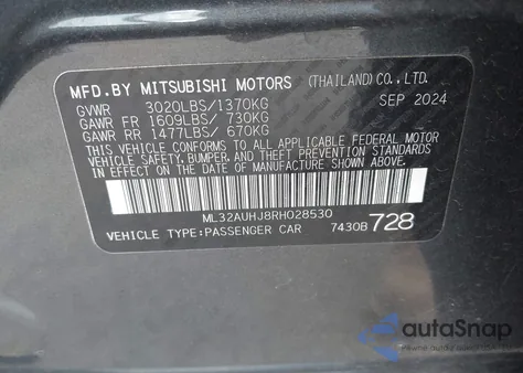 2024 Mitsubishi Mirage Es/Le from USA, damaged, VIN ML32AUHJ8RH028530